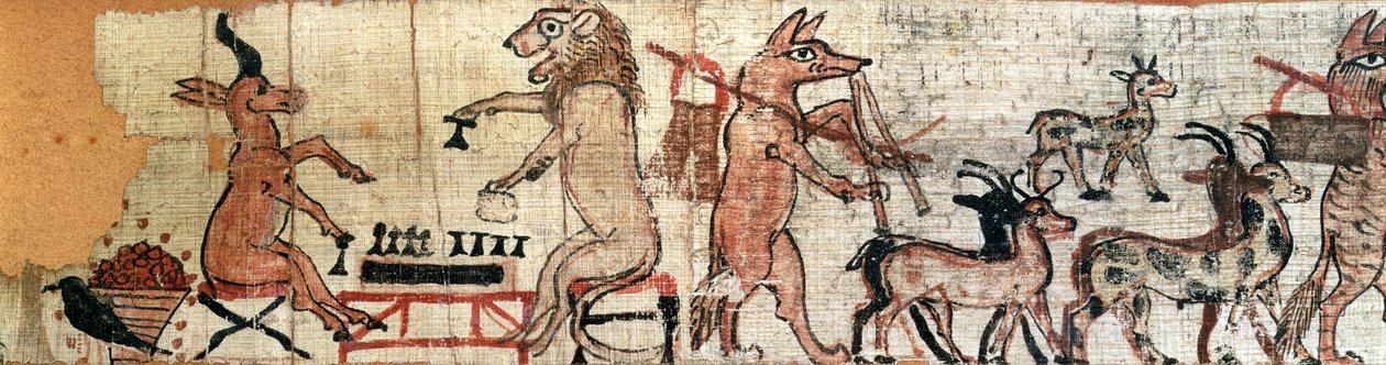 A szatirikus papirusz, bal oldali részlet, amely egy oroszlánt és egy antilopot ábrázol, akik a senet játékot játszák, Thébából, Kr.e. 1100 körül (lásd még: 85722) alkotó: New Kingdom Egyptian