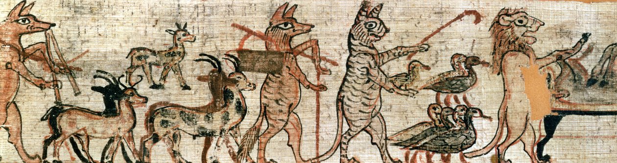 A szatirikus papirusz, egy libát terelő macska és egy szamarat mumifikáló oroszlán jobb oldali részlete, Thébából, ie 1100 körül (lásd még: 85721) alkotó: New Kingdom Egyptian