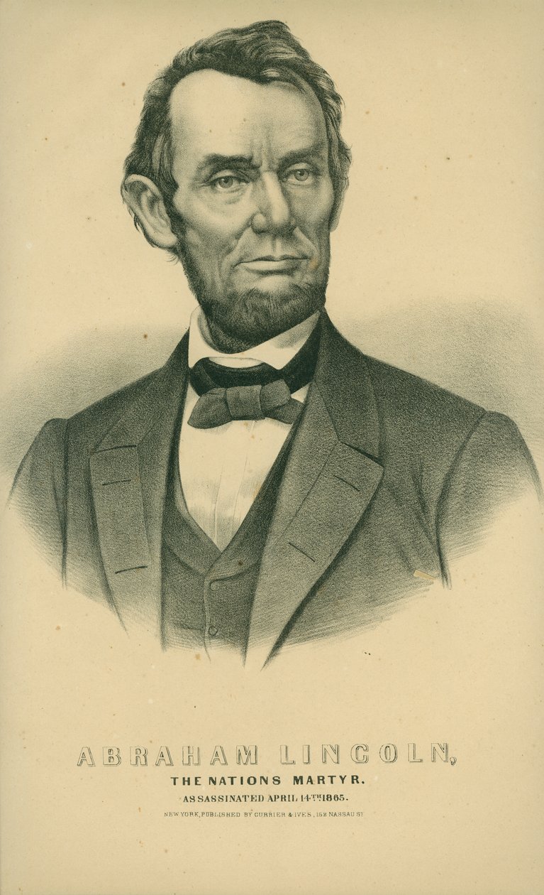 Abraham Lincoln, a nemzetek mártírja. Meggyilkolták 1865 április 14 -én. alkotó: New York Currier and Ives