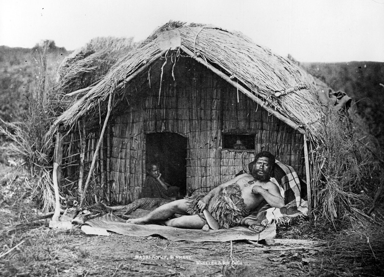 Maori főnök és ház, 1863-80 körül alkotó: New Zealand Photographer