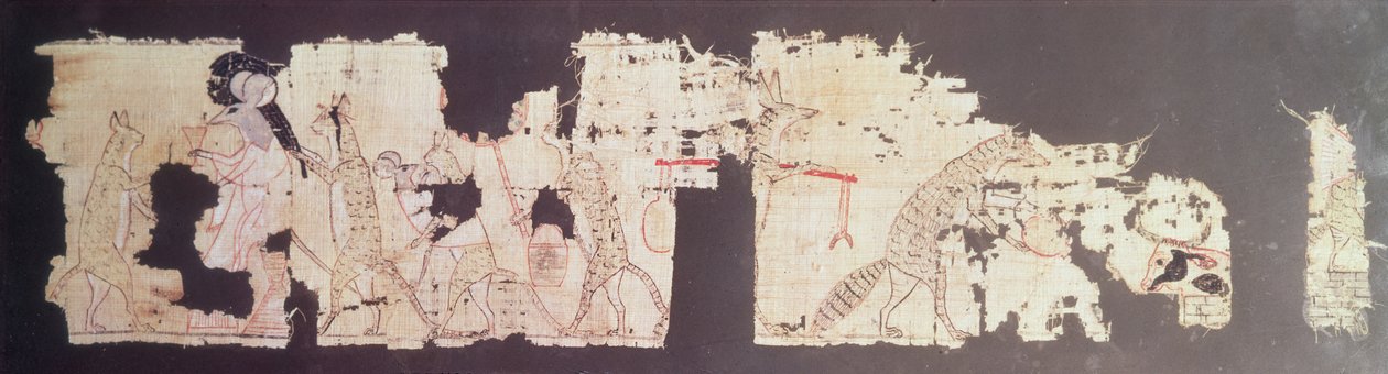 Szatirikus papirusz, amely egy egeret ábrázol, akit macskák szolgálnak fel (papirusz) alkotó: New Kingdom Egyptian