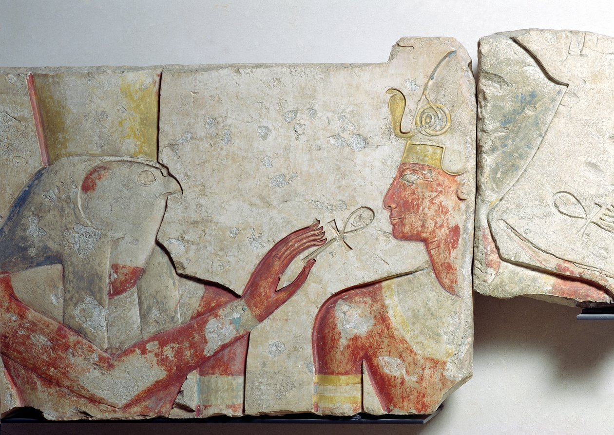 A fáraó és Hórusz találkozása, részlet egy frízből, amely II. Ramszesz (Kr. e. 1298-32) az istenek között ábrázolja, Abydosból, ie 1275 körül (festett kő) alkotó: New Kingdom Egyptian