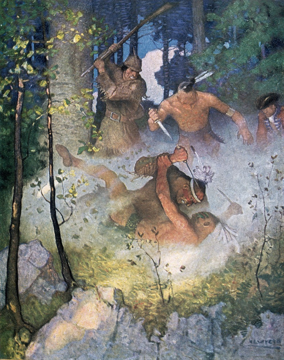 „The Fight in the Forest”, illusztráció Fenimore Cooper (1789-1851) „The Last of the Mohicans” című művéből, 1920-ban New Yorkban. alkotó: Newell Convers Wyeth
