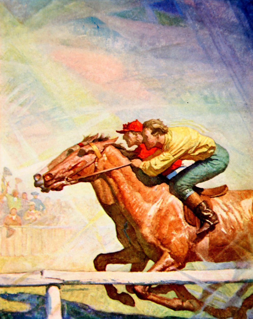 A Jockey káromkodva és korbácsolva felállt a győztes posztra (színes litó) alkotó: Newell Convers (after) Wyeth