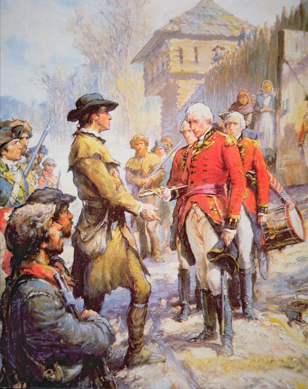 George Rogers Clark elfogadja Henry Hamilton brit parancsnok feladását Fort Sackville-ben, 1779. február 25-én (színes litó) alkotó: Newell Convers (after) Wyeth
