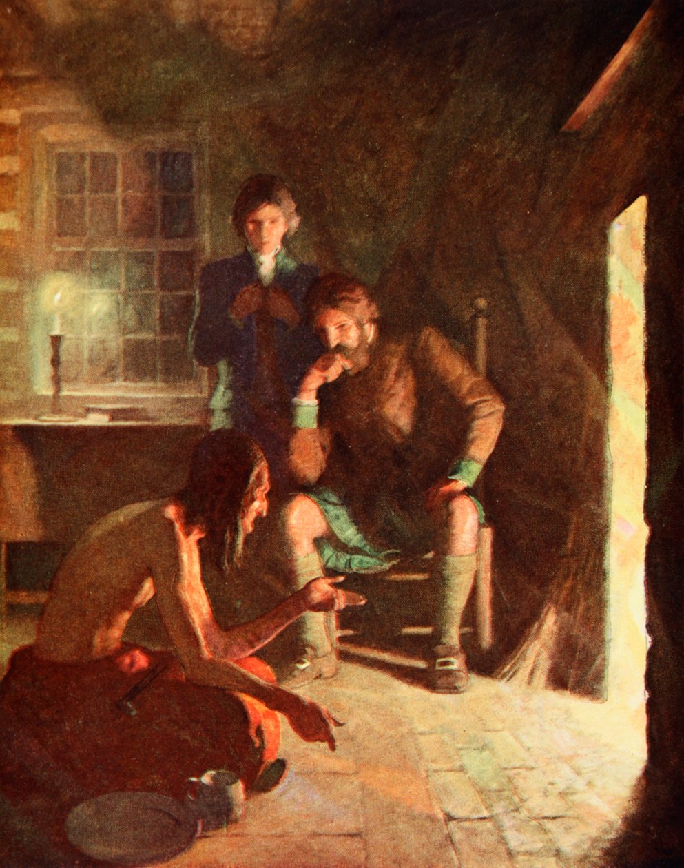 Az indiai Longthought találkozó egy korai telepes otthonában (színes litho) alkotó: Newell Convers (after) Wyeth