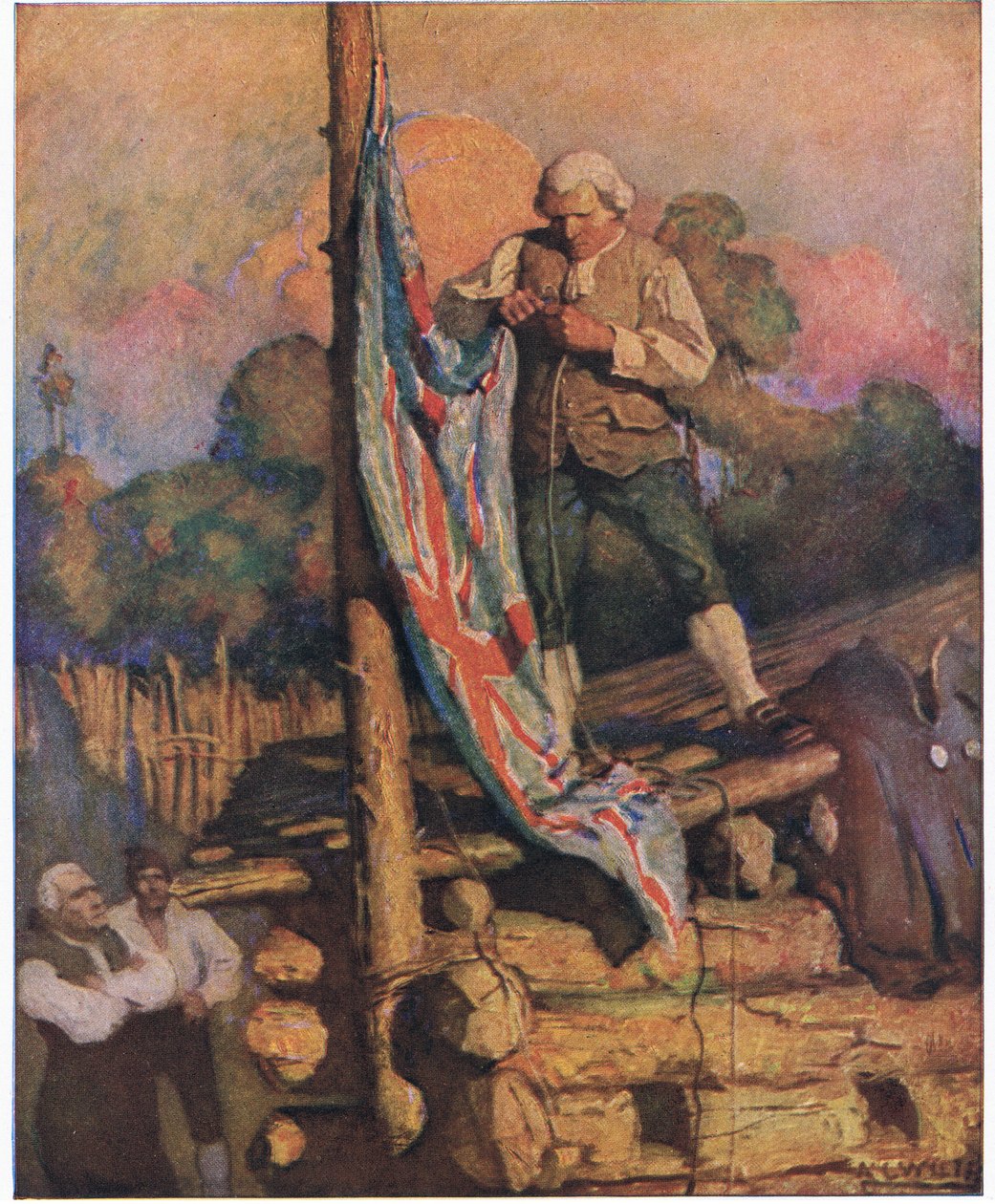 Smollett kapitány dacol a zendülőkkel: aztán felmászva a tetőre, saját kezével futotta fel a színeket alkotó: Newell Convers Wyeth
