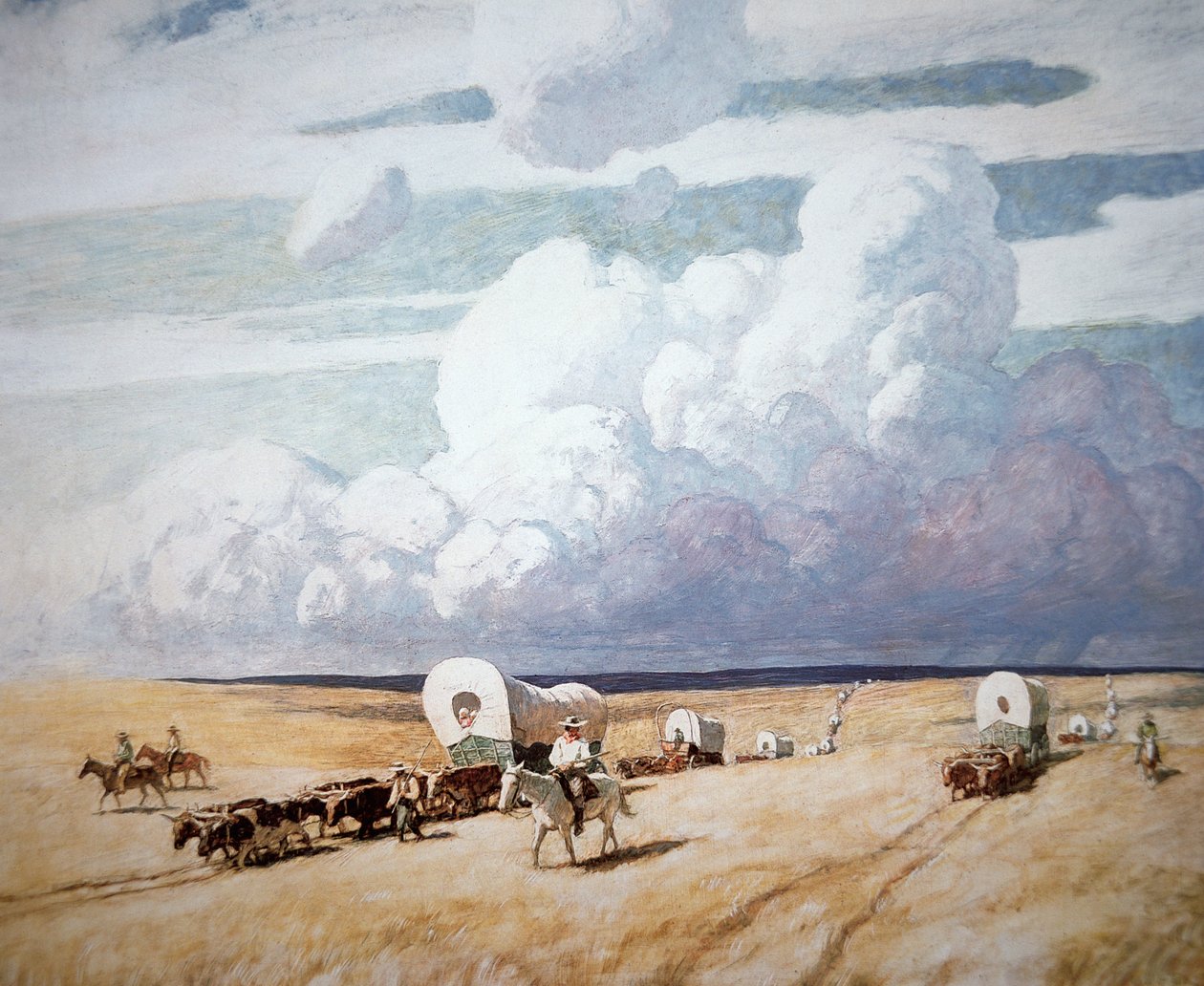 Nyugat felé tartó fedett kocsik (olaj, vászon) alkotó: Newell Convers Wyeth