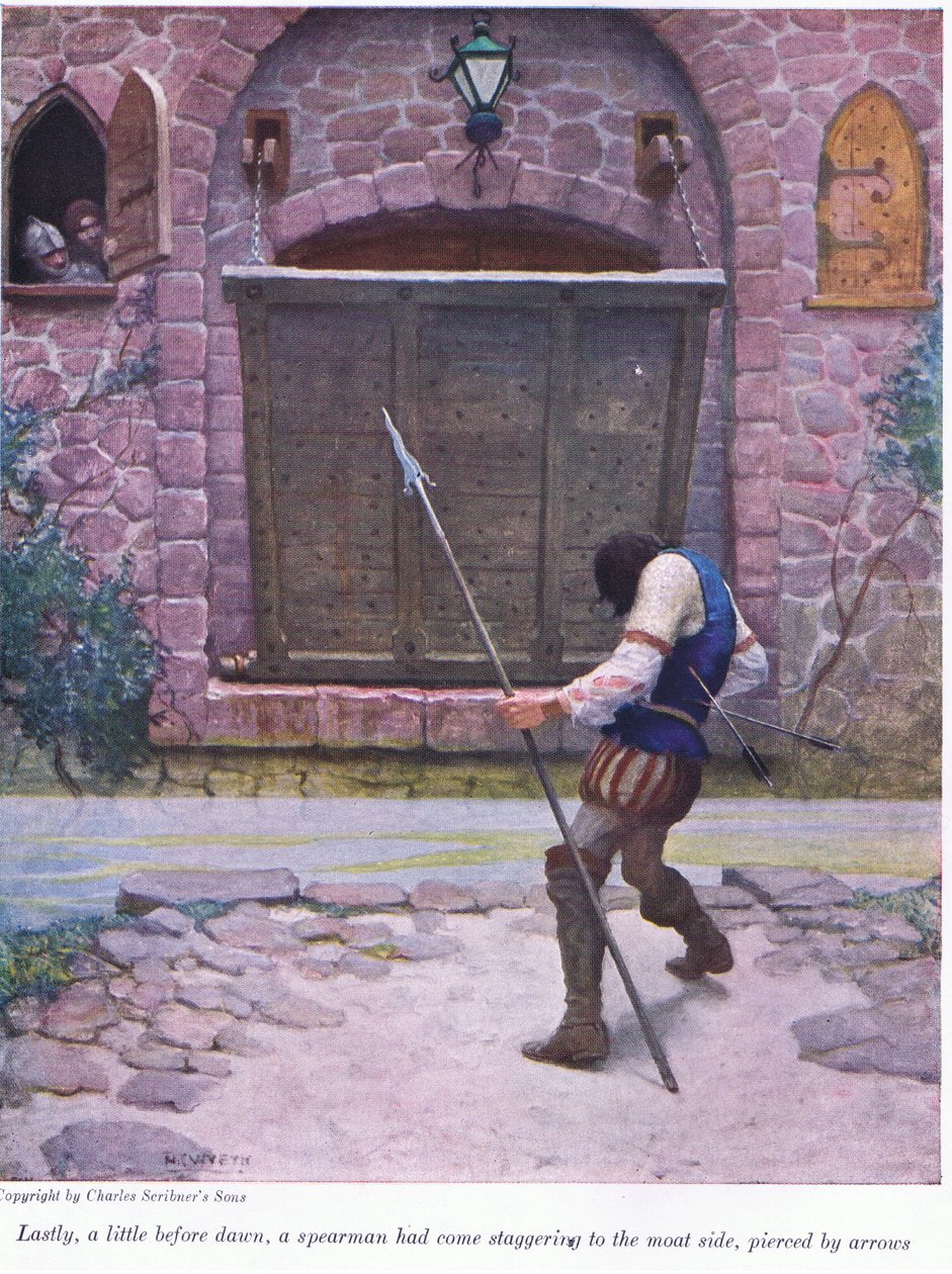 Végül valamivel hajnal előtt egy lándzsás tántorogva érkezett a várárok oldalához, nyilakkal átütve, 1916 alkotó: Newell Convers Wyeth
