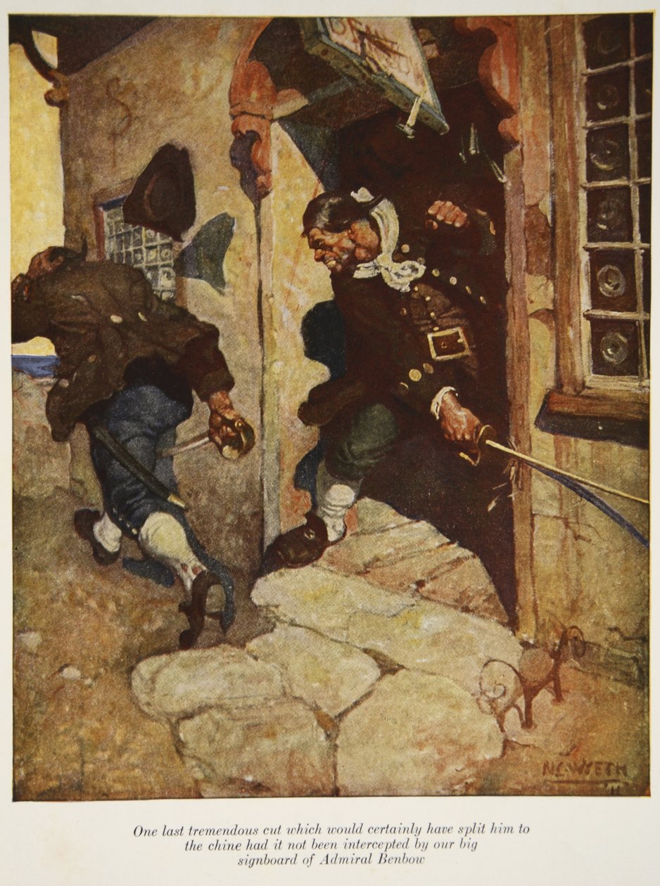 Még egy utolsó óriási vágás, amely minden bizonnyal az állig hasította volna, ha nem akadt el Benbow admirális nagy cégtáblánk, a Treasure Island illusztrációja, Robert Louis Steve. alkotó: Newell Convers Wyeth