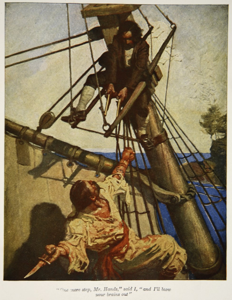 Még egy lépés, Mr. Hands, mondtam, és kifújom az agyát, egy illusztráció a "Kincses sziget"-ből, Robert Louis Stevenson, kocsma. Charles Scribner fiai, 1911 alkotó: Newell Convers Wyeth