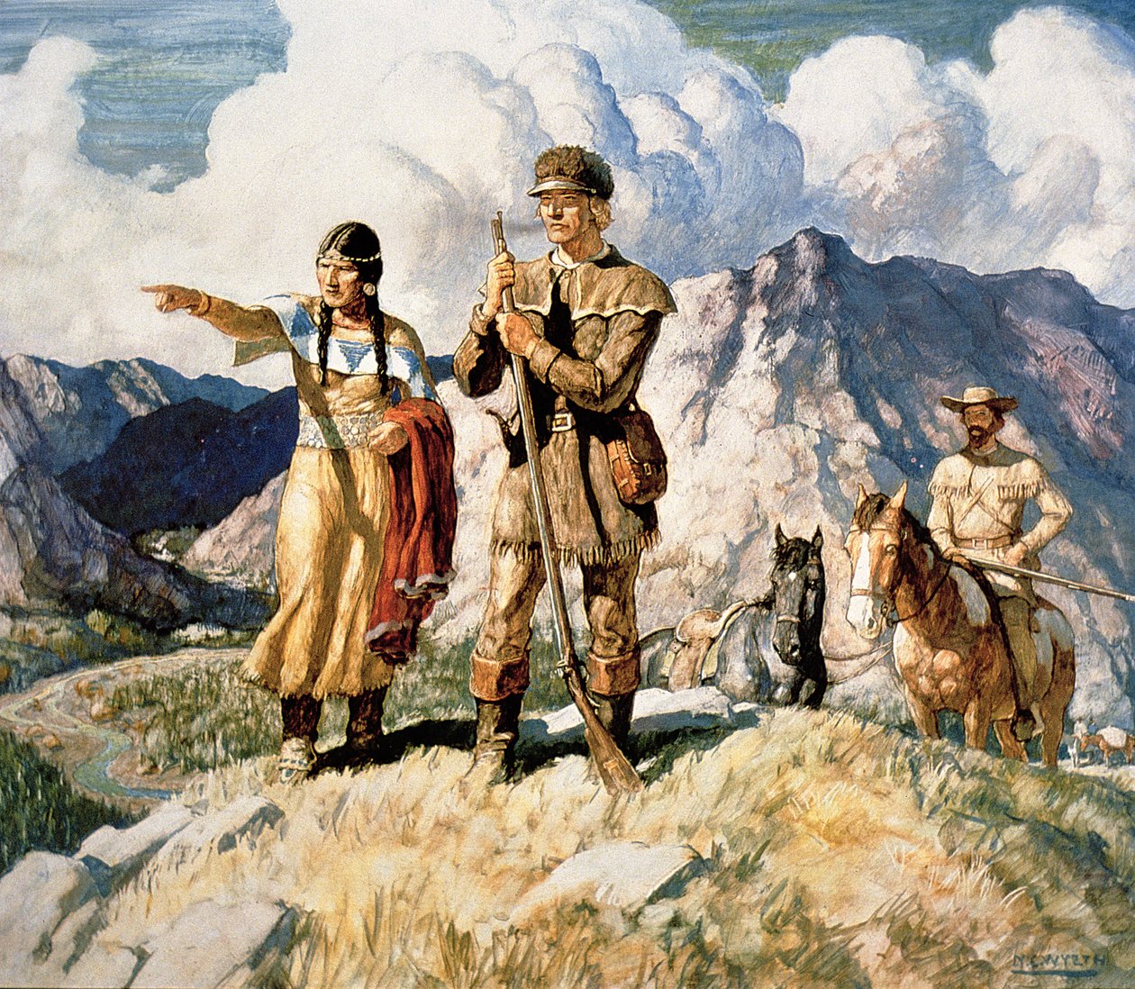 Sacagawea Lewisszal és Clarkkal az 1804–2006-os expedíciójuk során (színes litó) alkotó: Newell Convers Wyeth