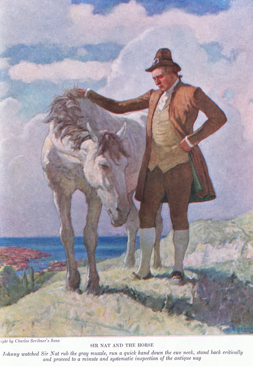 Sir Nat és a ló: Johnny nézte, ahogy Sir Nat dörzsöli a szürke szájkosarat; állj hátrébb, és folytasd a percnyi szisztematikus ellenőrzést, 1928 alkotó: Newell Convers Wyeth