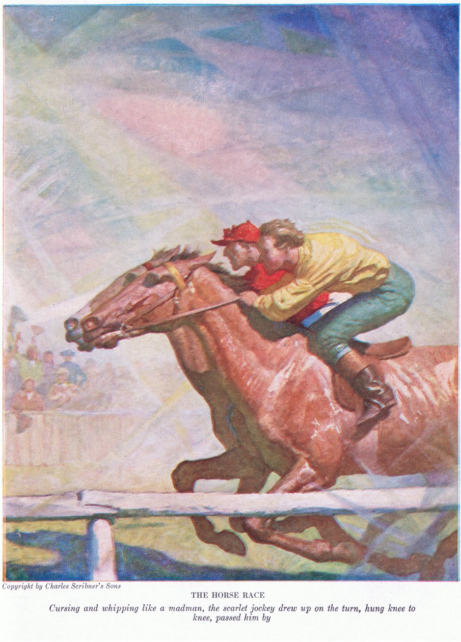 A lóverseny: őrült módjára káromkodva és ostorozva a skarlát zsoké felállt a kanyarban, térdre lógott, elhaladt mellette, 1928 alkotó: Newell Convers Wyeth