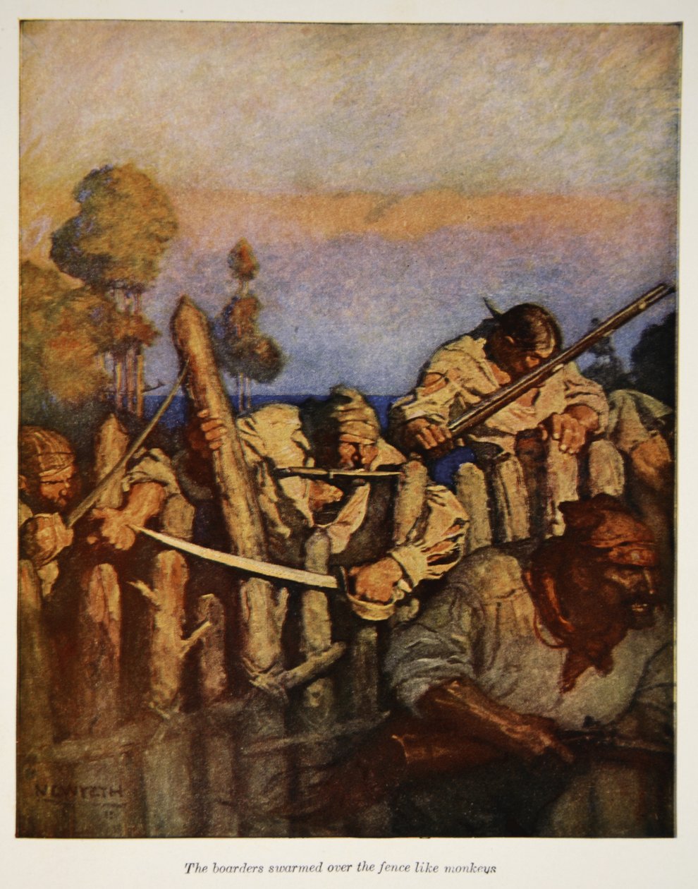 A lakók úgy nyüzsögtek a kerítésen, mint a majmok, illusztráció Robert Louis Stevenson "Kincses sziget" című művéből, kiadó: Charles Scribner