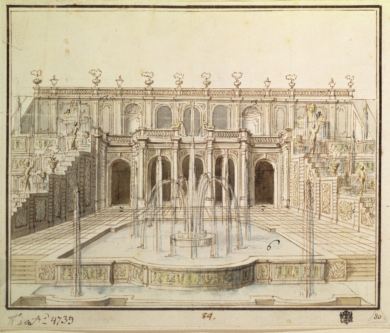 A Nagy vízesés a pétervári alsó parkban, 1720 (toll, ecset, tinta és wc) alkotó: Niccolo Michetti