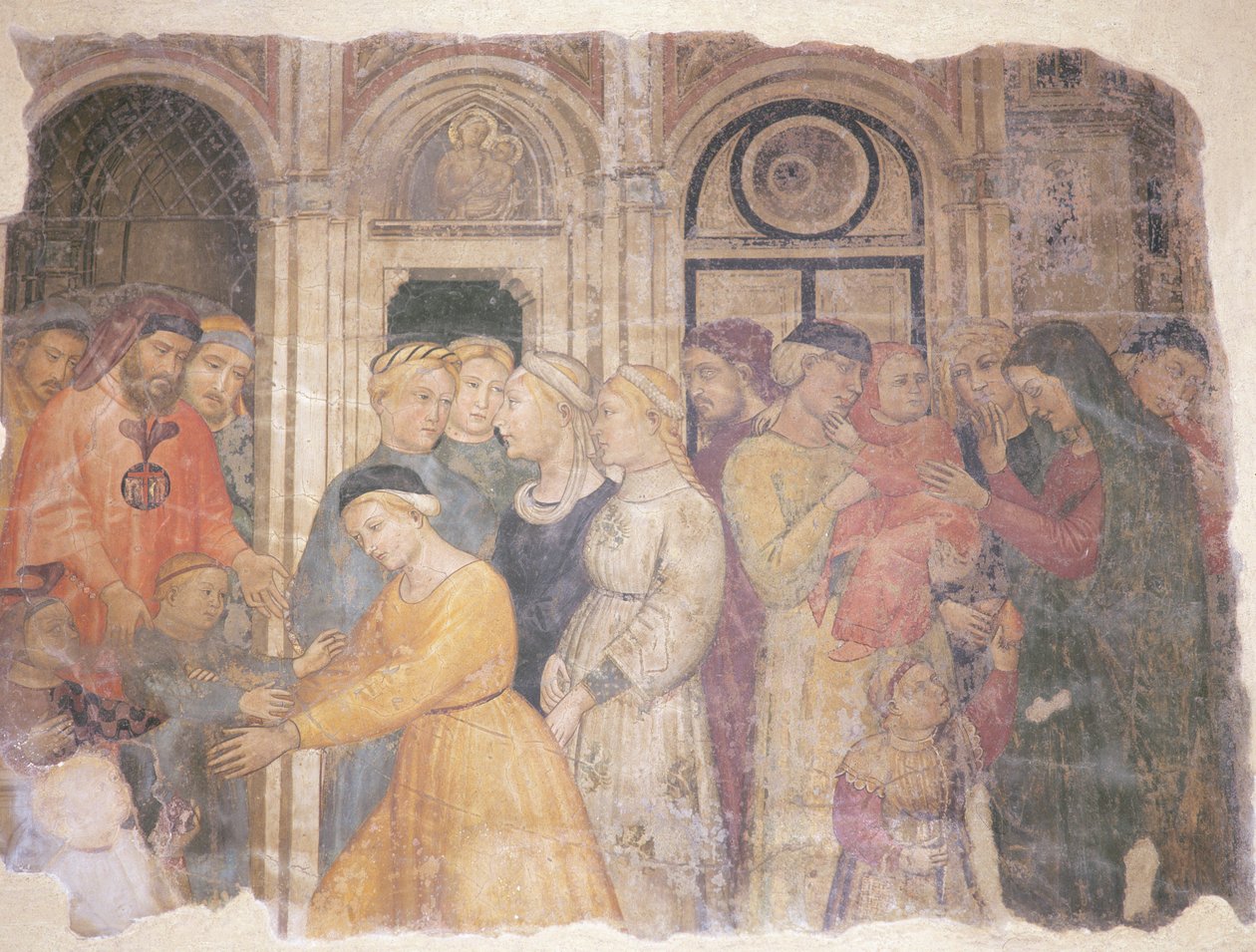 Jelenet a „Az irgalmasság kapitányai az elhagyott gyerekeket anyjukra bízzák” című filmből, 1386 alkotó: Niccolò Pietro di Gerini