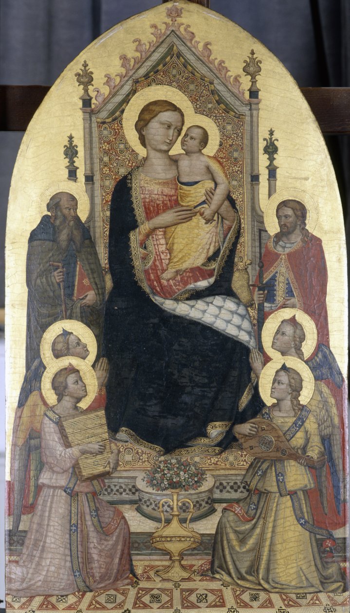 A trónoló Madonna gyermekével, Szent Antal és Julianussal és négy angyallal (tempera nyárfán) alkotó: Niccolo di Pietro workshop of Gerini