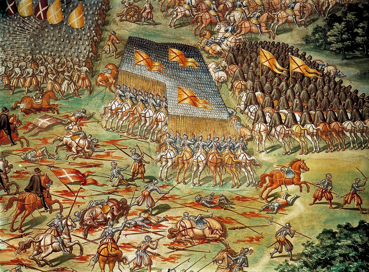 A St. Quentin-i csata (Saint Quentin), amely a spanyolok győzelmét jelentette a franciák felett 1557-ben, az olasz háborúk idején, lovasság támadással alkotó: Niccolo (and workshop) Granello