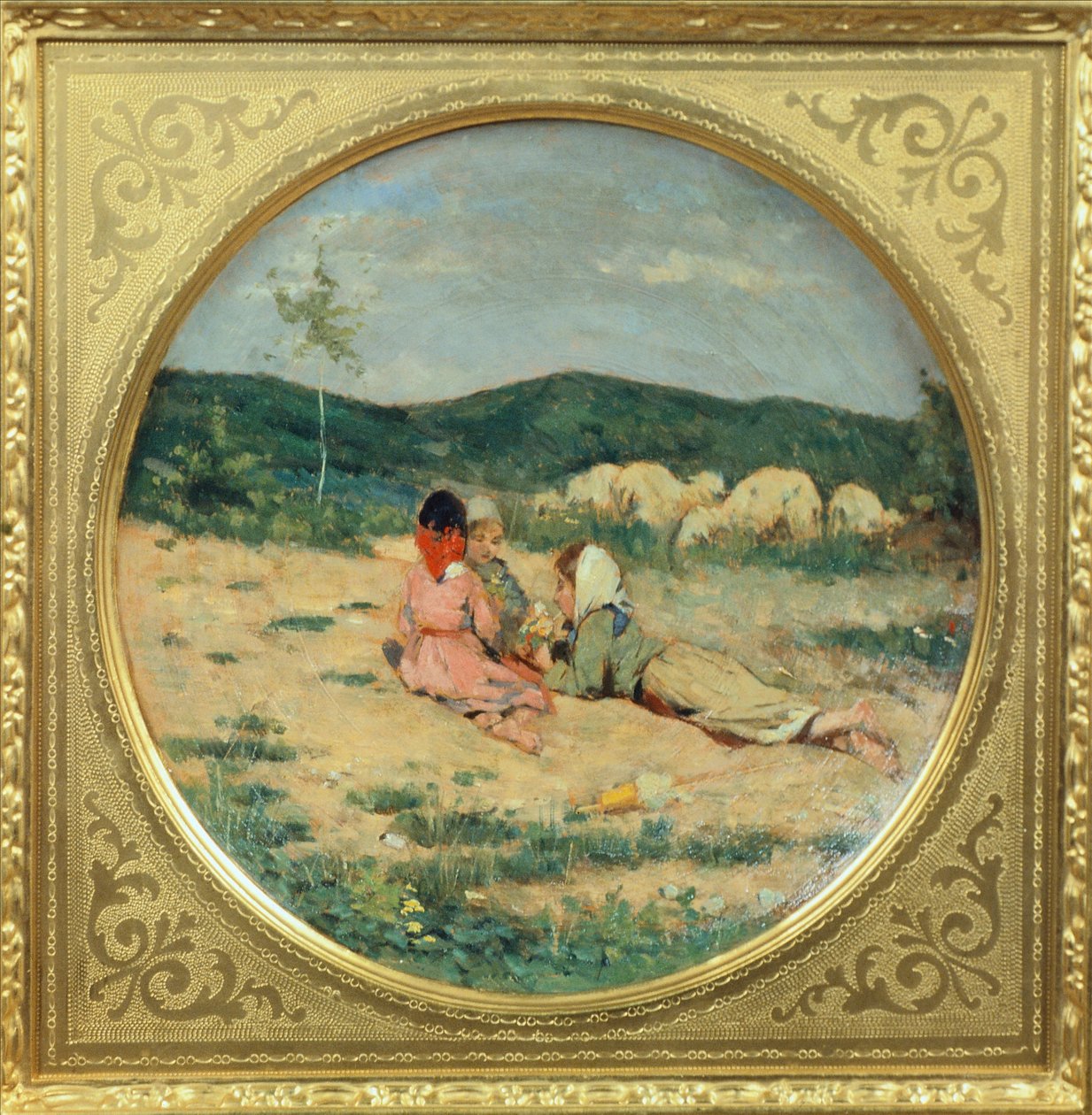 Pásztorfigurákkal festett tányér, Niccolo Cannicci, 1880 körül, olaj, terrakotta tányér alkotó: Niccolo Cannicci