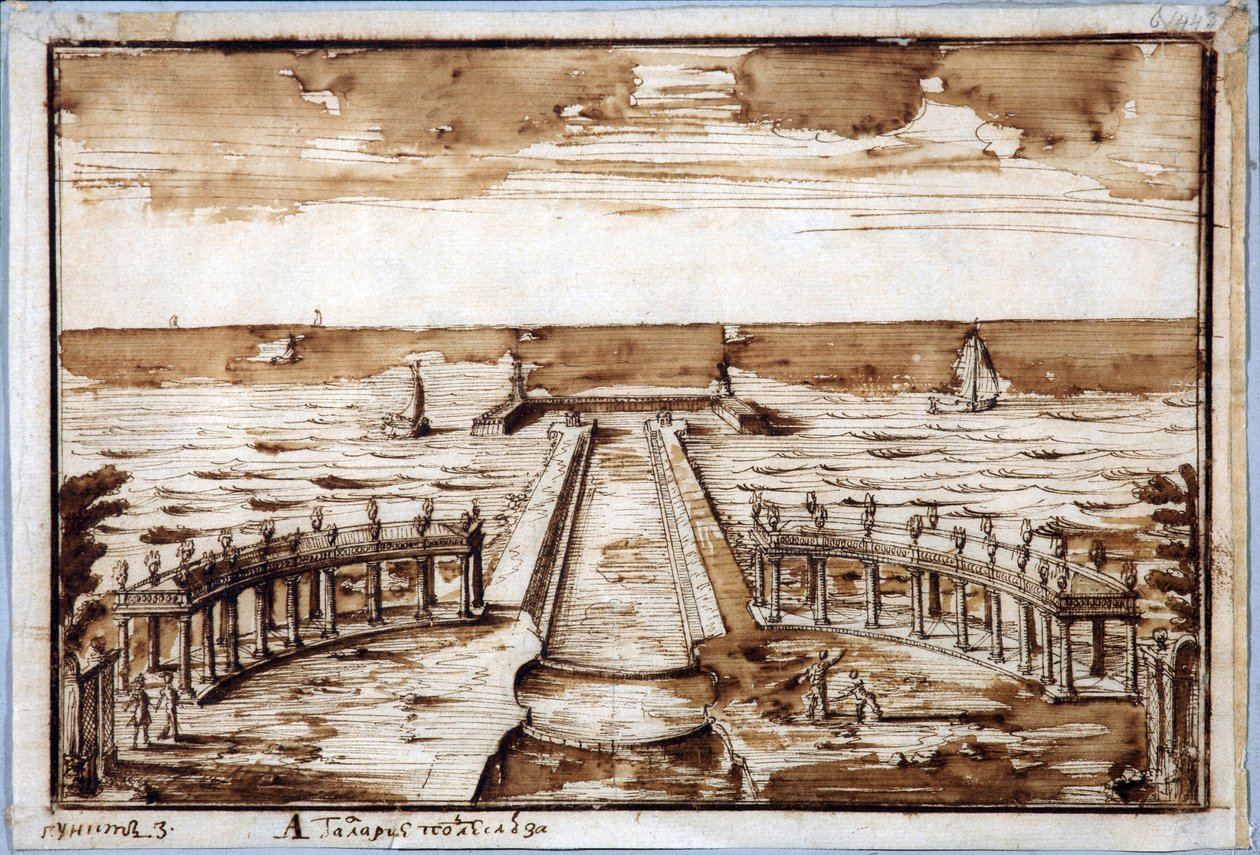 "Curves Gallery" oszlopsor a péterhofi Gateway-ben. Projekt - Nicola Michetti (1675-1759). Toll, barna indiai tinta, papír alkotó: Niccolo Michetti