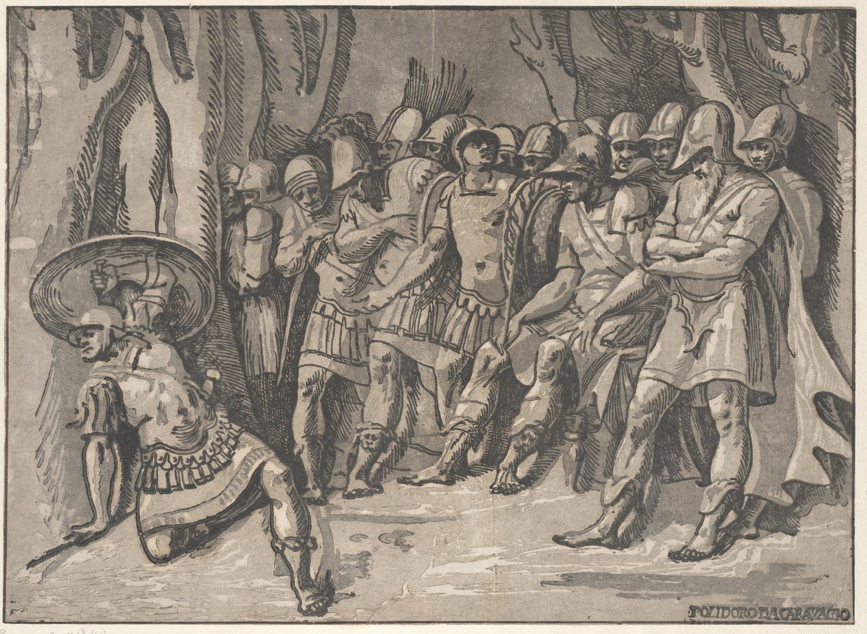 Ajax balra lent pajzsot tart a magasban, jobbra Agamemnon áll körülvéve..., 1540-50. alkotó: Niccolo Vicentino