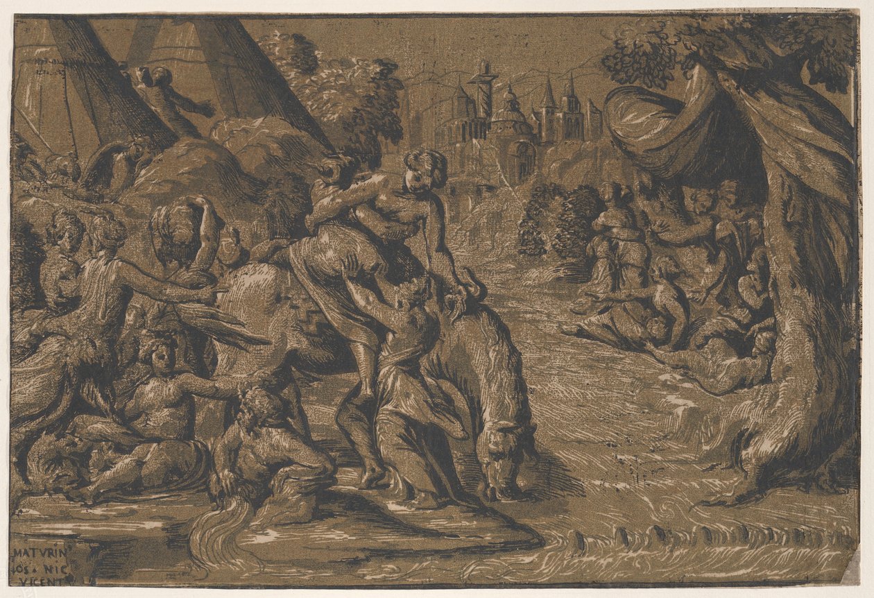 Középen Cloelia a római hős, akit lóra segítettek, a háttérben Róma,..., 1540-50 alkotó: Niccolo Vicentino