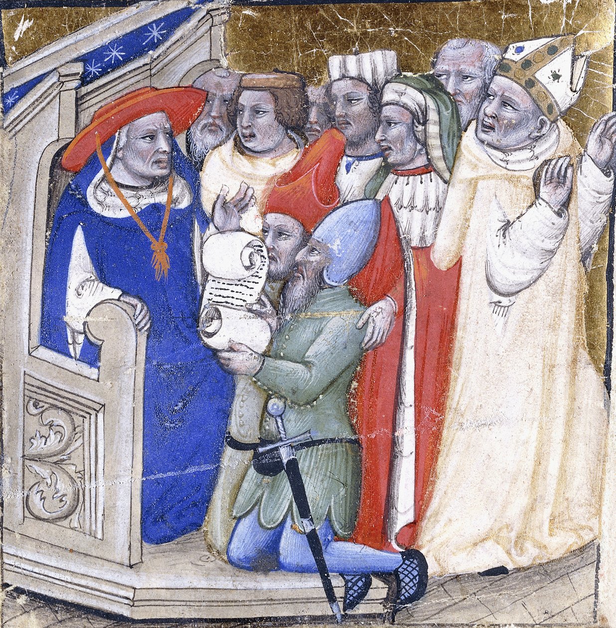 Egy bíboros ítélkezik egy püspök felett, akit két laikus vádolt meg, 1380 körül (festék és aranylevél pergamen) alkotó: Niccolo di Giacomo