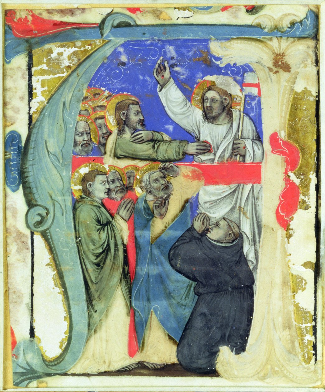 Történeti kezdetű „A”, amely Szent Tamás hitetlenségét ábrázolja, 1370 körül alkotó: Niccolo di Giacomo