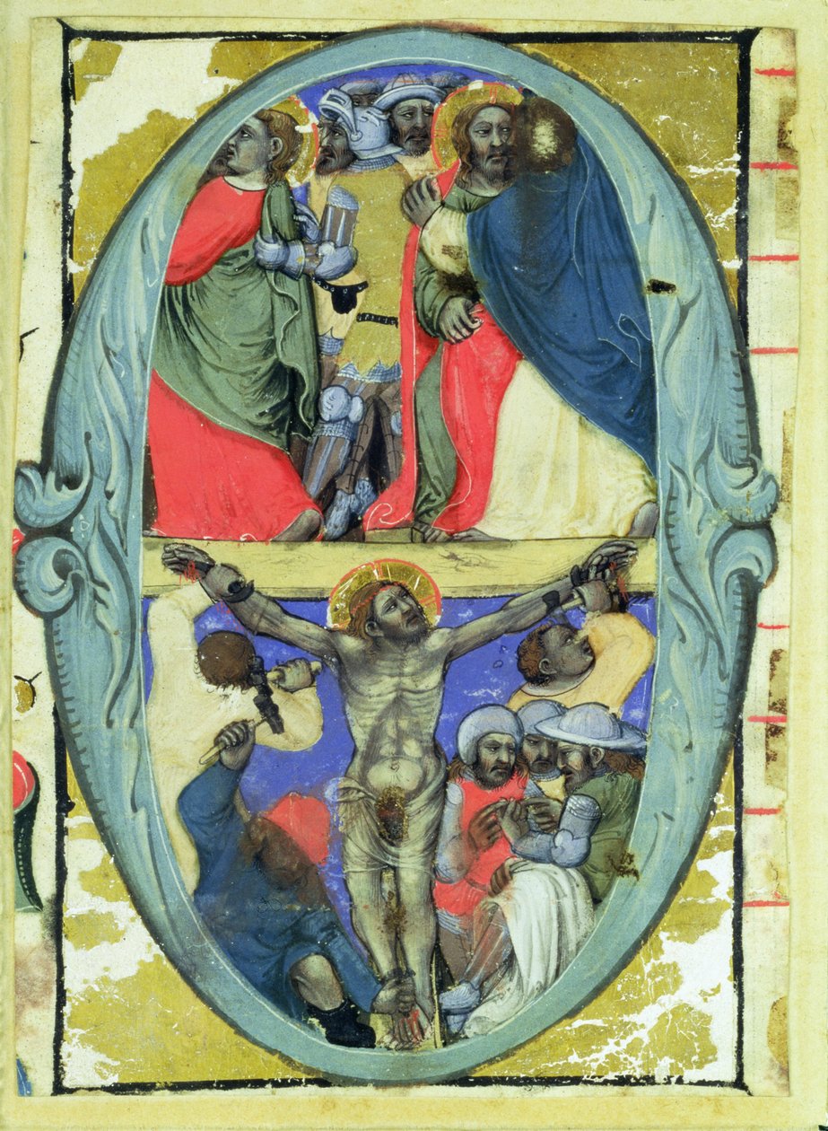 Történelmi kezdetű „O”, amely Júdás csókját és a keresztre feszítést ábrázolja, 1370 körül alkotó: Niccolo di Giacomo