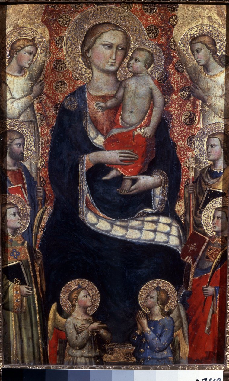 Madonna és gyermek szentekkel és angyalokkal. Madonna gyermekkel, szentekkel és angyalokkal. Niccolo di Pietro Gerini festménye (1350-1415 körül). Firenzei művészet, középkor. Tempera fán. Ermitázs Múzeum, Szentpétervár alkotó: Niccolo di Pietro Gerini