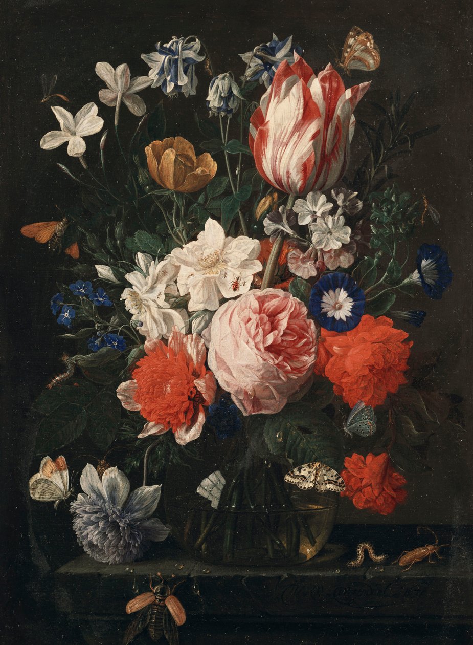 Rózsa, tulipán, hajnalka és más virágok üvegvázában kőpárkányon, 1671 alkotó: Nicholaes van Verendael