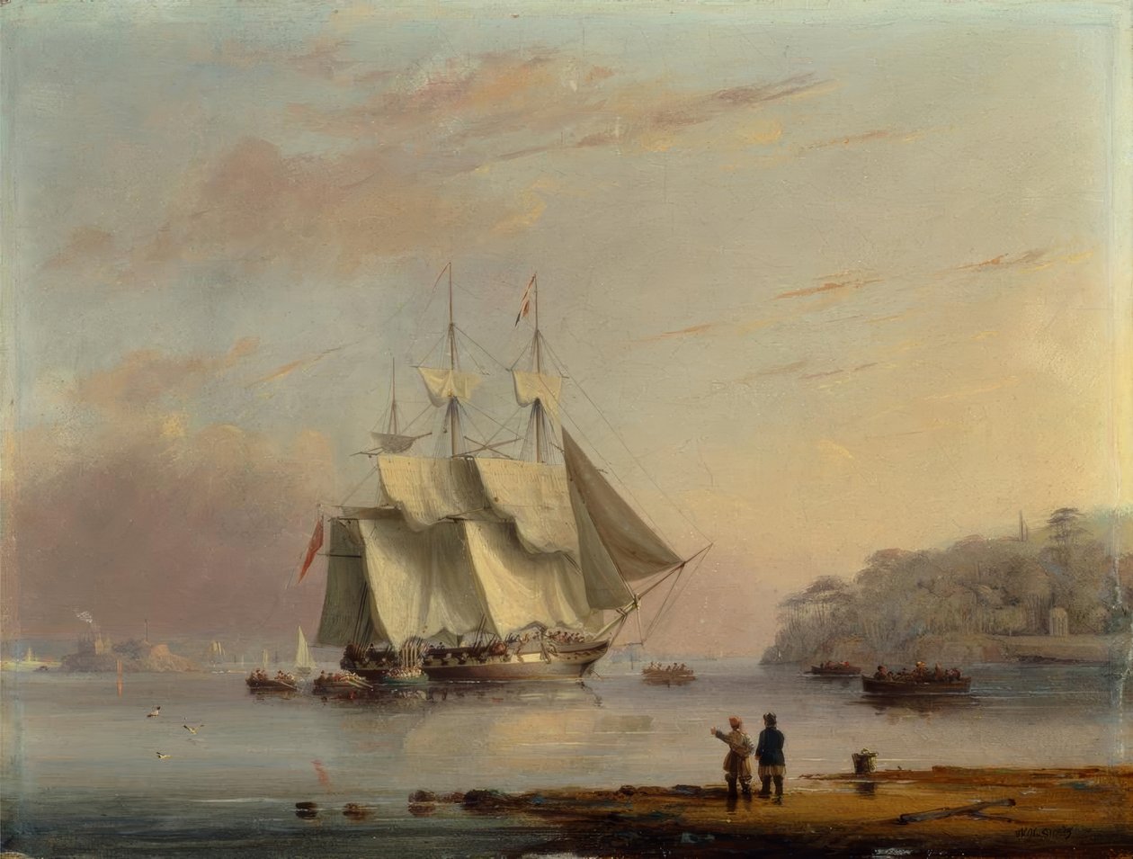 Egy brit fregatt a tengerparton Mount Edgecumbe-nál, Plymouthban alkotó: Nicholas Condy