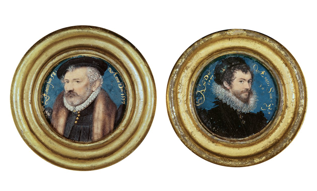 LtoR: Richard Hilliard (151819-94) a művész apja, 1577 körül, és Önarckép, 1577 (wc pergamen a kártyára fektetve) alkotó: Nicholas Hilliard
