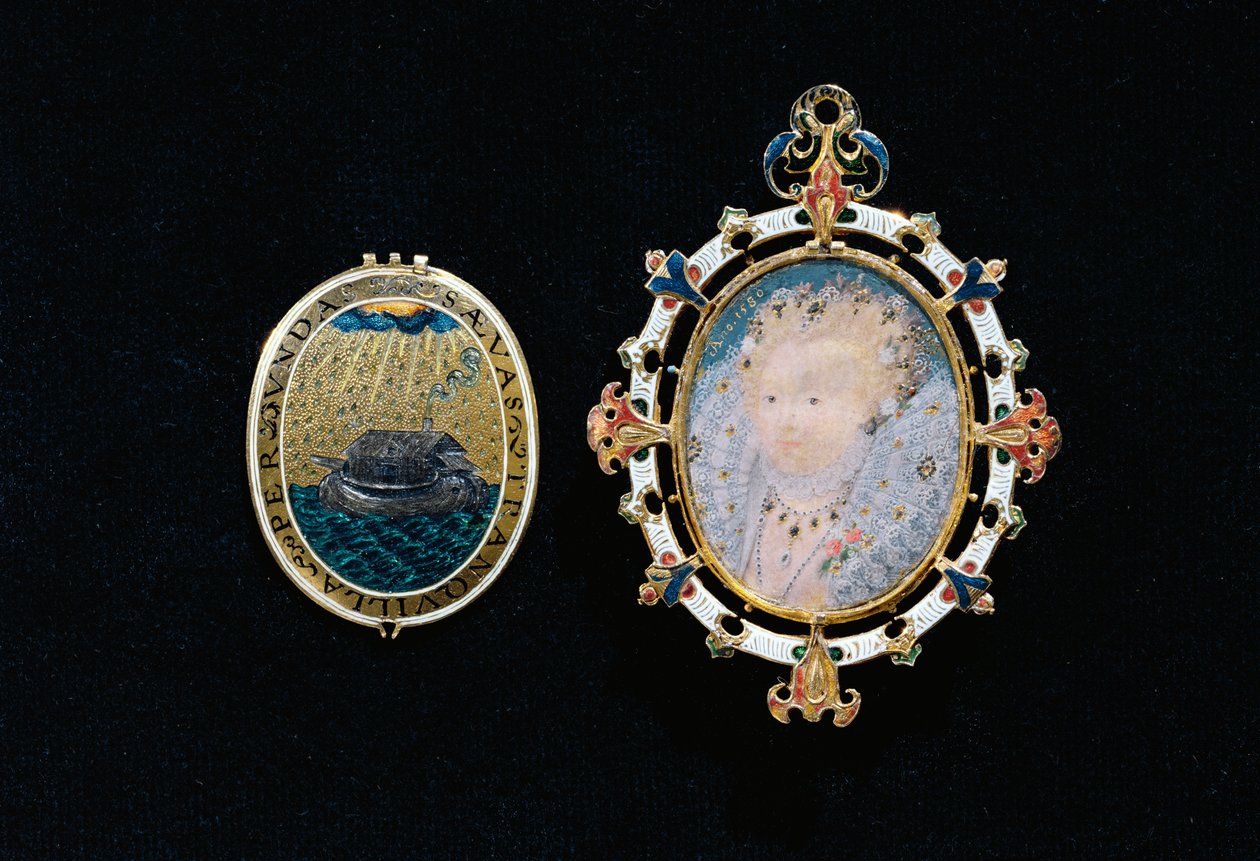 A Heneage-ékszer vagy Armada-ékszer, I. Erzsébet királynő miniatűrje ékszeres tokban, 1595 körül (zománcozott arany, asztali csiszolású gyémántok, burmai rubinok, hegyikristály és miniatűr). alkotó: Nicholas Hilliard