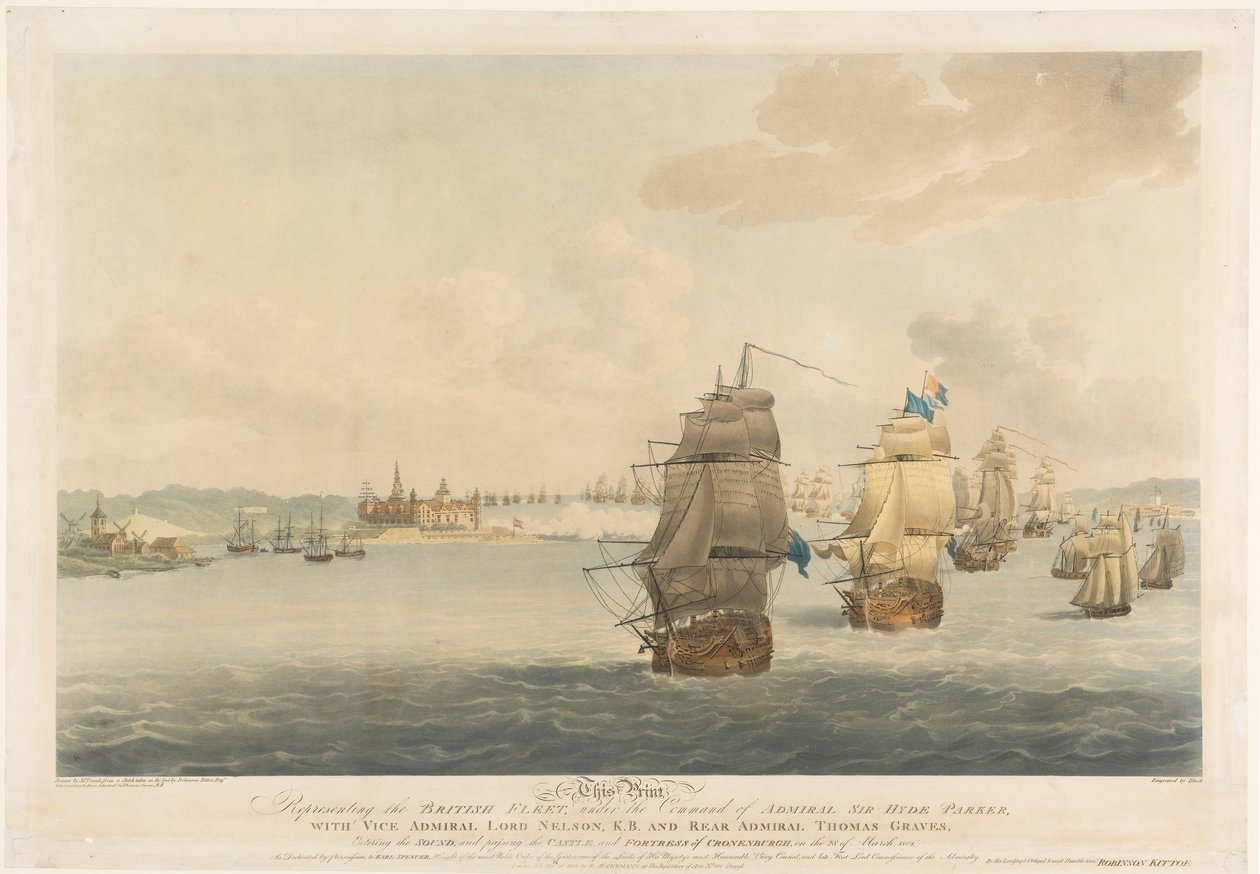 Pocock után, Ez a nyomtatás a brit flottát ábrázolja Sir Hyde Parker admirális parancsnoksága alatt, Lord Nelson, K.B. ellentengernagy és Thomas Graves ellentengernagy társaságában. alkotó: Nicholas (after) Pocock