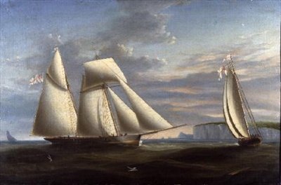 Egy topsail schooner és a Royal Yacht Squadron egy schoonere Dorset partjainál (panel) alkotó: Nicholas (circle of) Condy