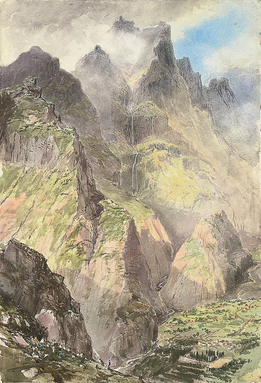 A Grande Curral, Madeira, előtérben egy turistacsoporttal, mögötte a Pico Grande (akvarell, papír) alkotó: Nicholas Chevalier