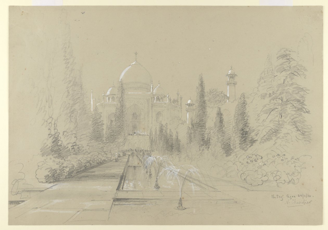 A Taj Mahal, Agra, 1870. január 24. (ceruza fehér kiemeléssel a papíron) alkotó: Nicholas Chevalier