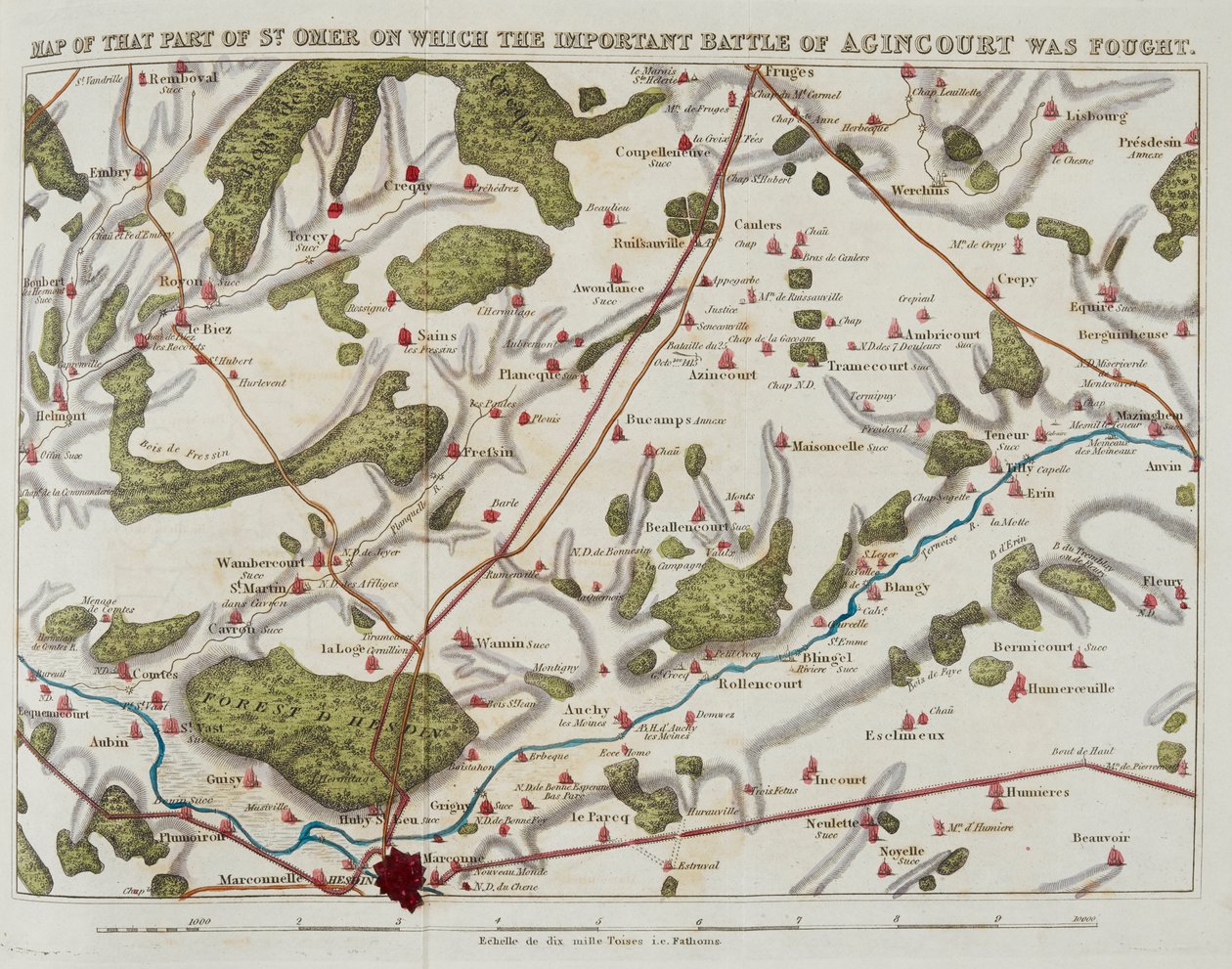 St. Omer azon részének térképe, amelyen a fontos agincourti csatát vívták, illusztráció a „The History of Agincourt” c. és Ötödik Henrik franciaországi expedíciójáról... alkotó: Nicholas Harris Nicolas