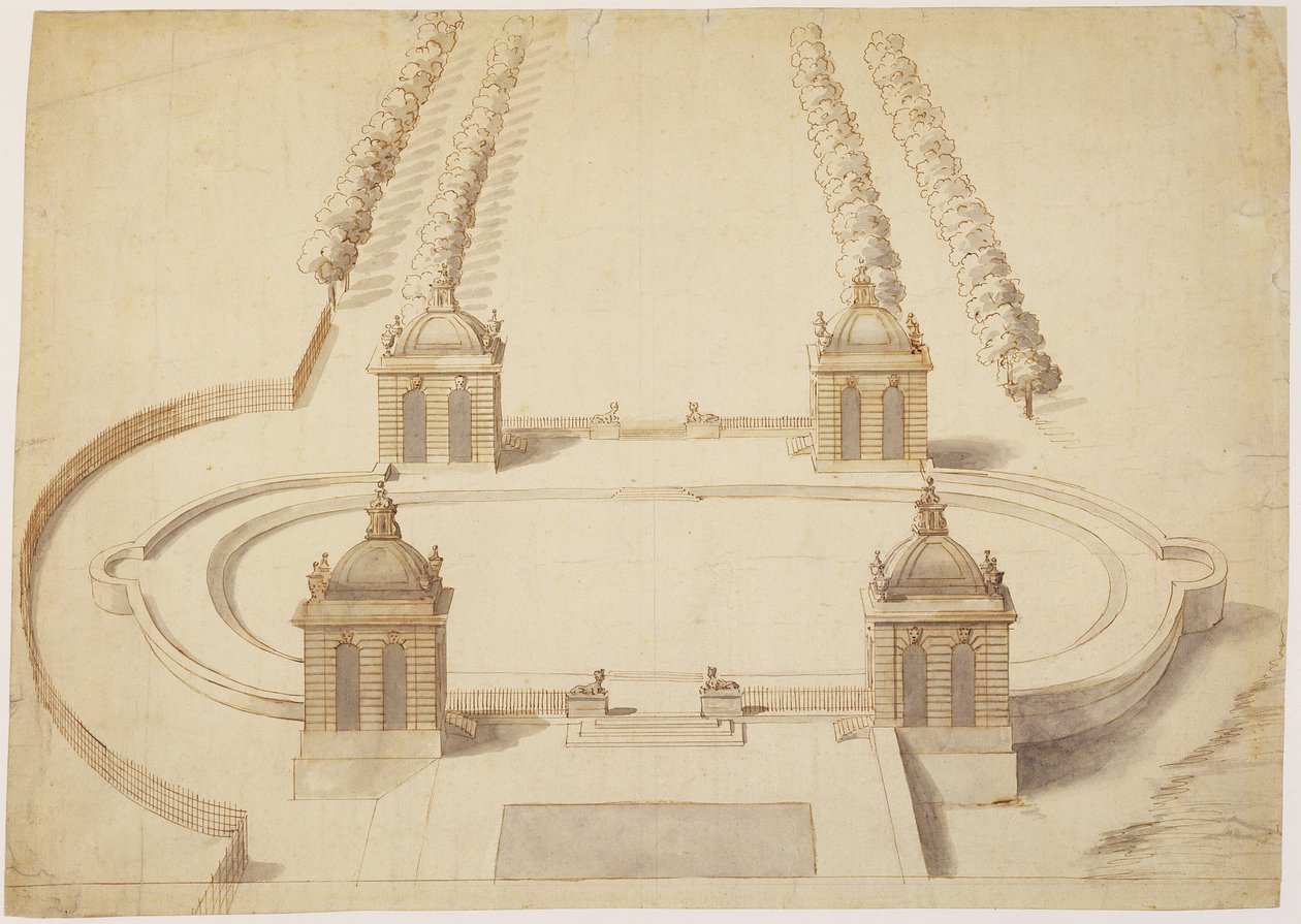 Tervezés egy Bowling Greenhez, Hampton Court, 1689-91 körül (toll és barna tinta, mosás és grafit papíron) alkotó: Nicholas Hawksmoor