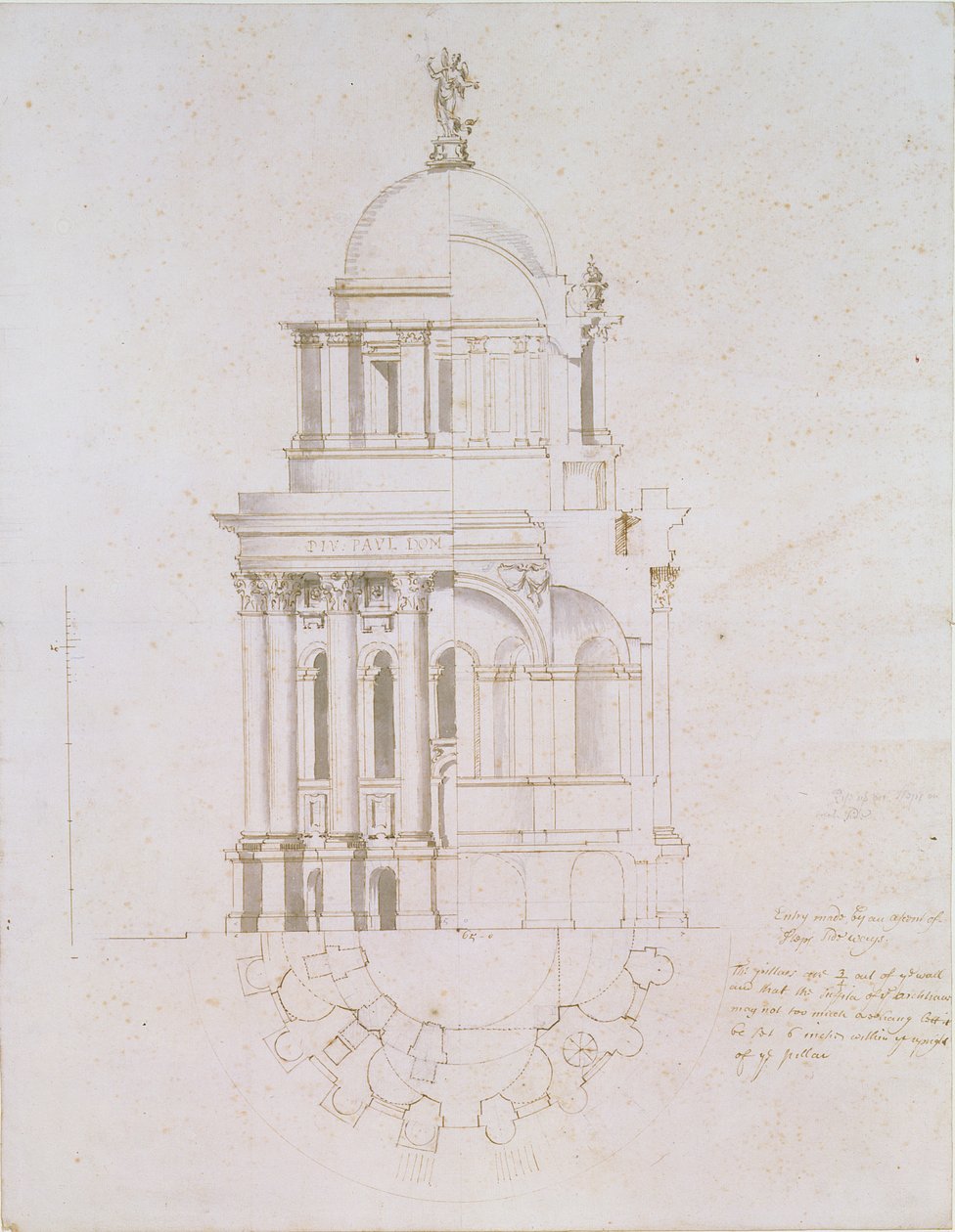 A Szent Pál-székesegyház meg nem valósult keresztelőkápolnának domborzata, keresztmetszete és terve, 1711-1712 körül (toll- és tintamosás papíron) alkotó: Nicholas Hawksmoor