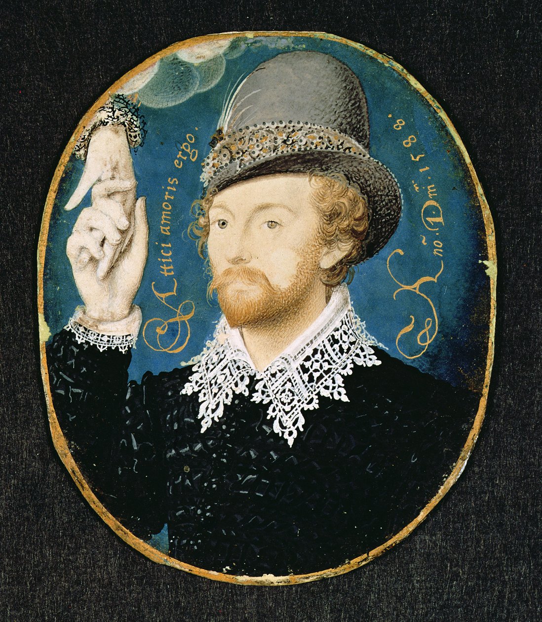 Felhőből kezet kulcsoló férfi, valószínűleg William Shakespeare, 1588 alkotó: Nicholas Hilliard