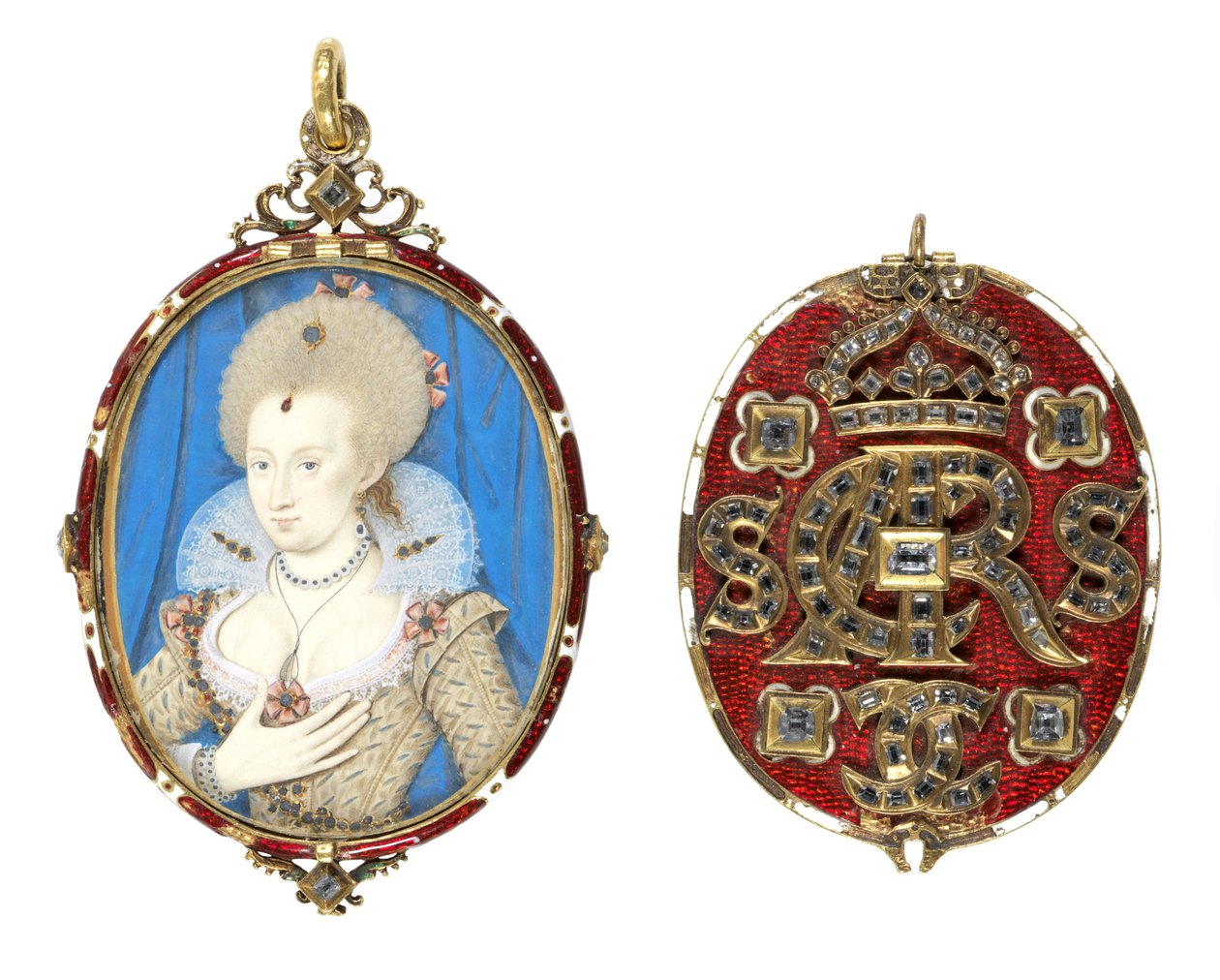 Anna dán királyné (1574-1619) portré miniatűrje ékkövekkel díszített borítóval, 1611 körül (pergamen, zománcozott aranykeret, asztali gyémántokkal kirakva) (lásd még 69710). alkotó: Nicholas Hilliard