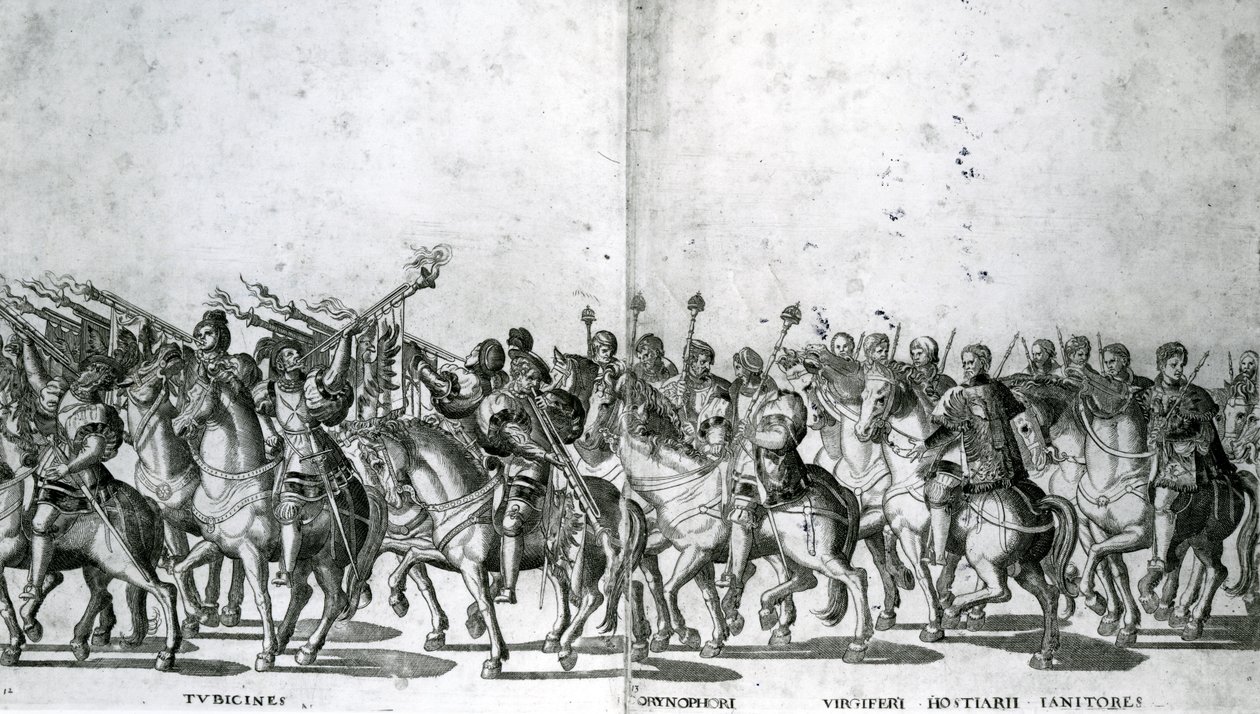 VII. Kelemen pápa és V. Károly császár Bolognába 1530. február 24-i beutazásának 12. és 13. táblája, közzétéve 1530 körül. alkotó: Nicholas Hogenberg