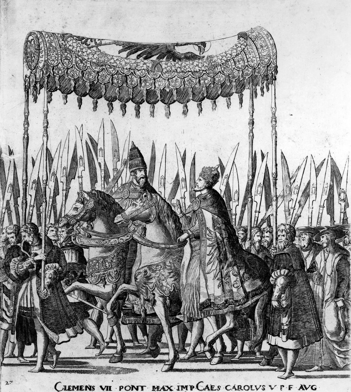 VII. Kelemen pápa és V. Károly császár belépése Bolognába 1530. február 24-én, 27. tábla, 1530 körül (472273 részlet) alkotó: Nicholas Hogenberg
