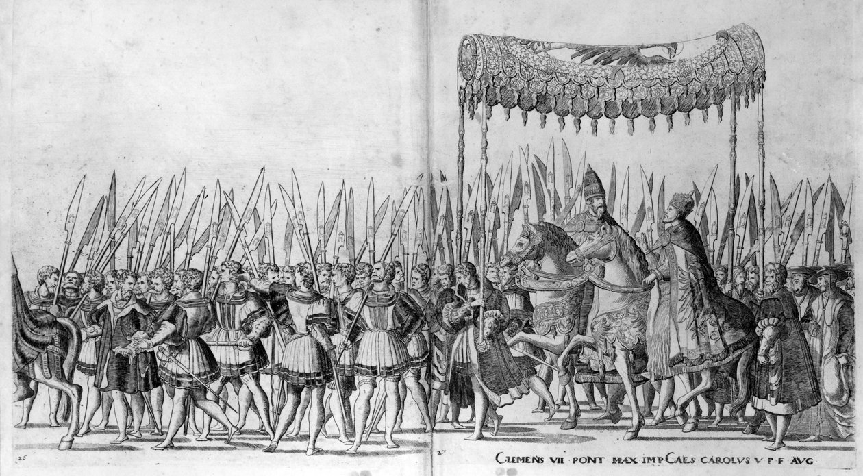 VII. Kelemen pápa és V. Károly császár belépése Bolognába 1530. február 24-én, 27. tábla, 1530 körül alkotó: Nicholas Hogenberg