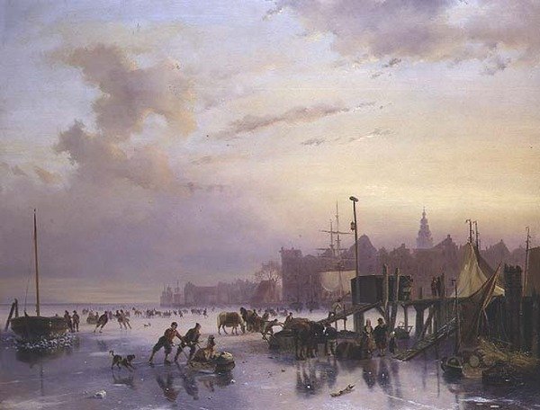 Téli folyami táj számos korcsolyázóval alkotó: Nicholas Jan Roosenboom