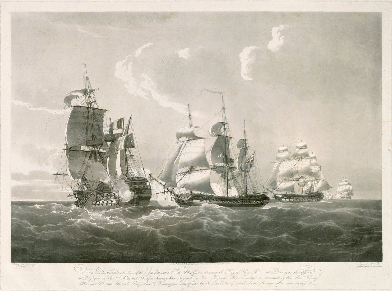 A "Guillaume Tel" és a HMS "Penelope" közötti ütközet, 1800. március 30. alkotó: Nicholas Pocock