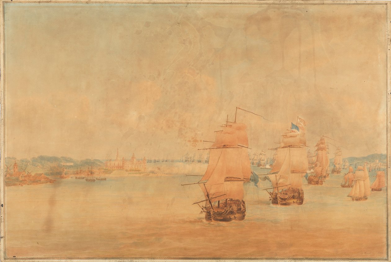 Pocock, Az angol flotta a Soundon halad felfelé 1801. március 28. alkotó: Nicholas Pocock